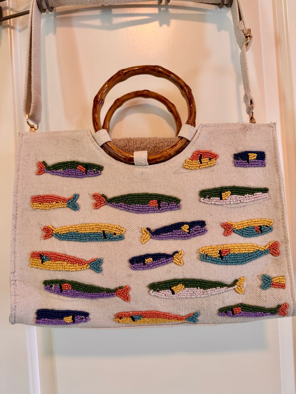 Beaded Sardines, viral Canvas Tote with Bamboo Handles - Neutral Multicolor